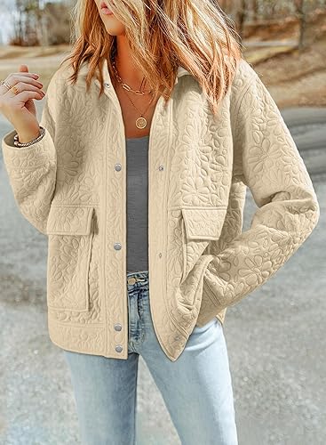 Jackets for Women Casual Long Sleeve Collared Jacquard Coats Trendy Button Down Shacket Jacket with Pockets