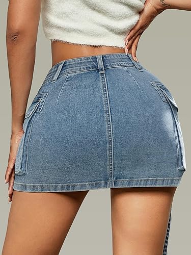Women Cargo Skirt Denim Mini Low Waist Y2K Jean Skirts with Pockets